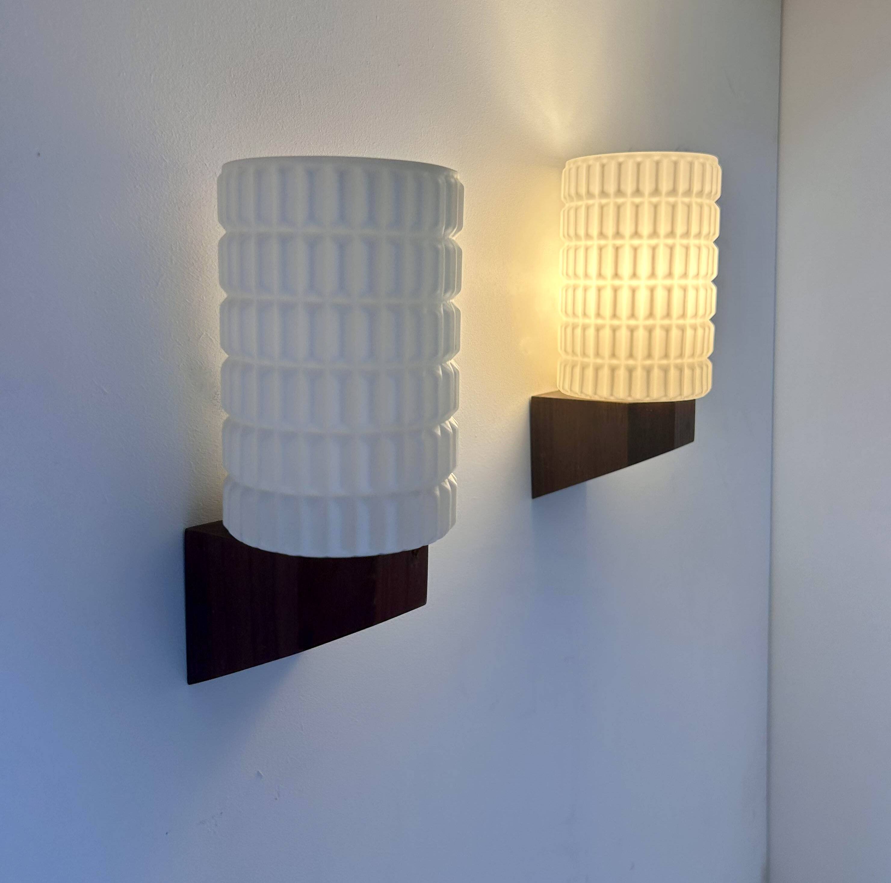 Pair of vintage wall lights, teak and opaline, Philips Netherlands 1950