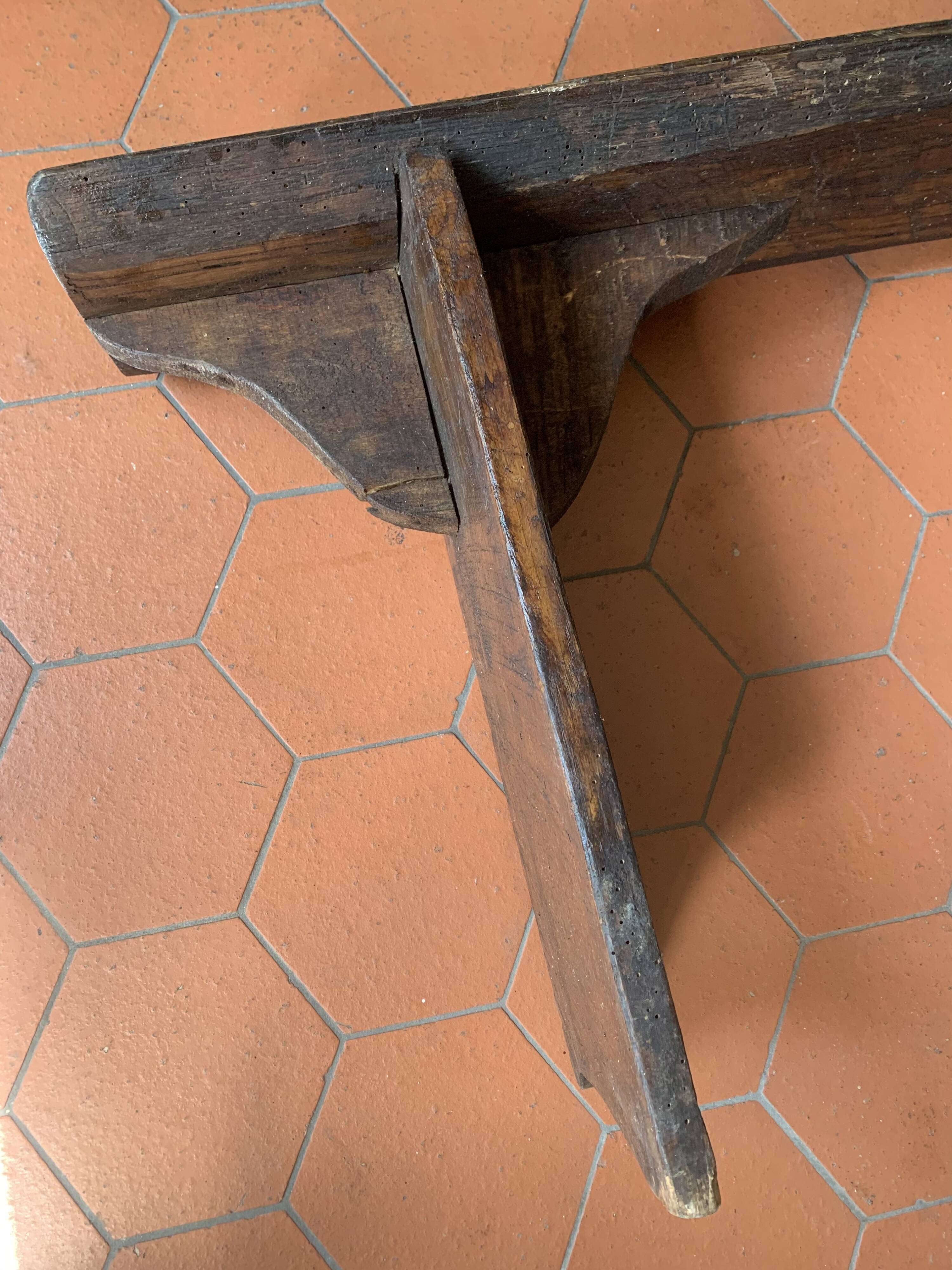 19th century bench in patinated oak, old farm bench