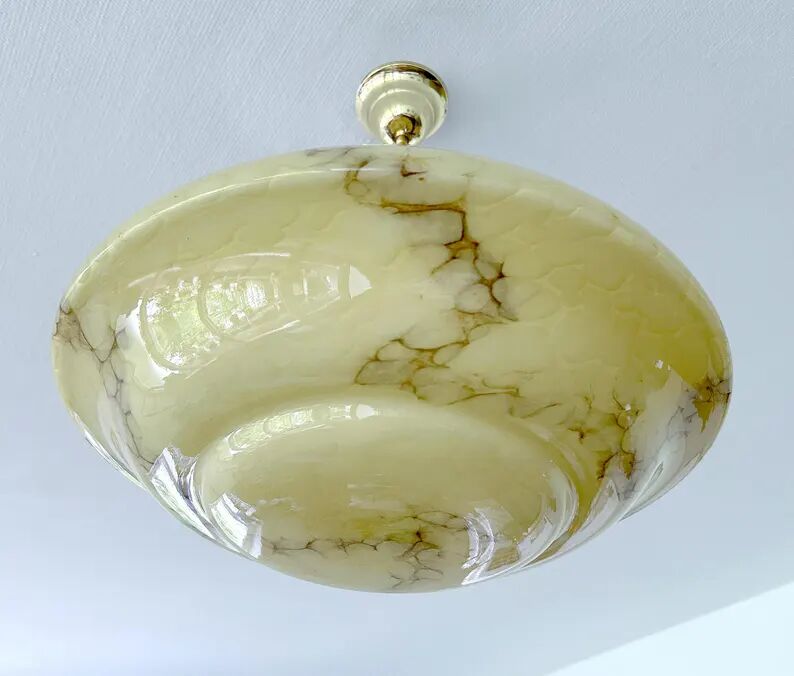 Art Deco Pendant Light, Marble Glass Amber Ivory, Alabaster Style, Vintage Chandelier