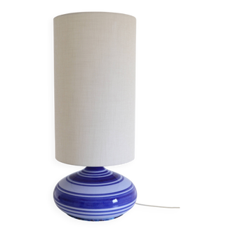 Vintage table lamp, blue ceramic striped base and plain lampshade