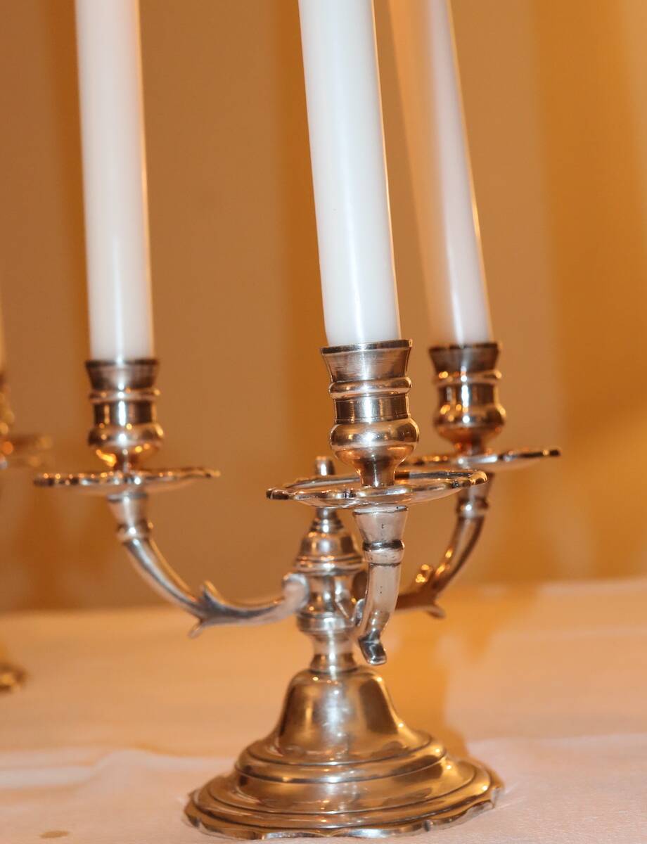 Pair of triangular 3-light candlesticks