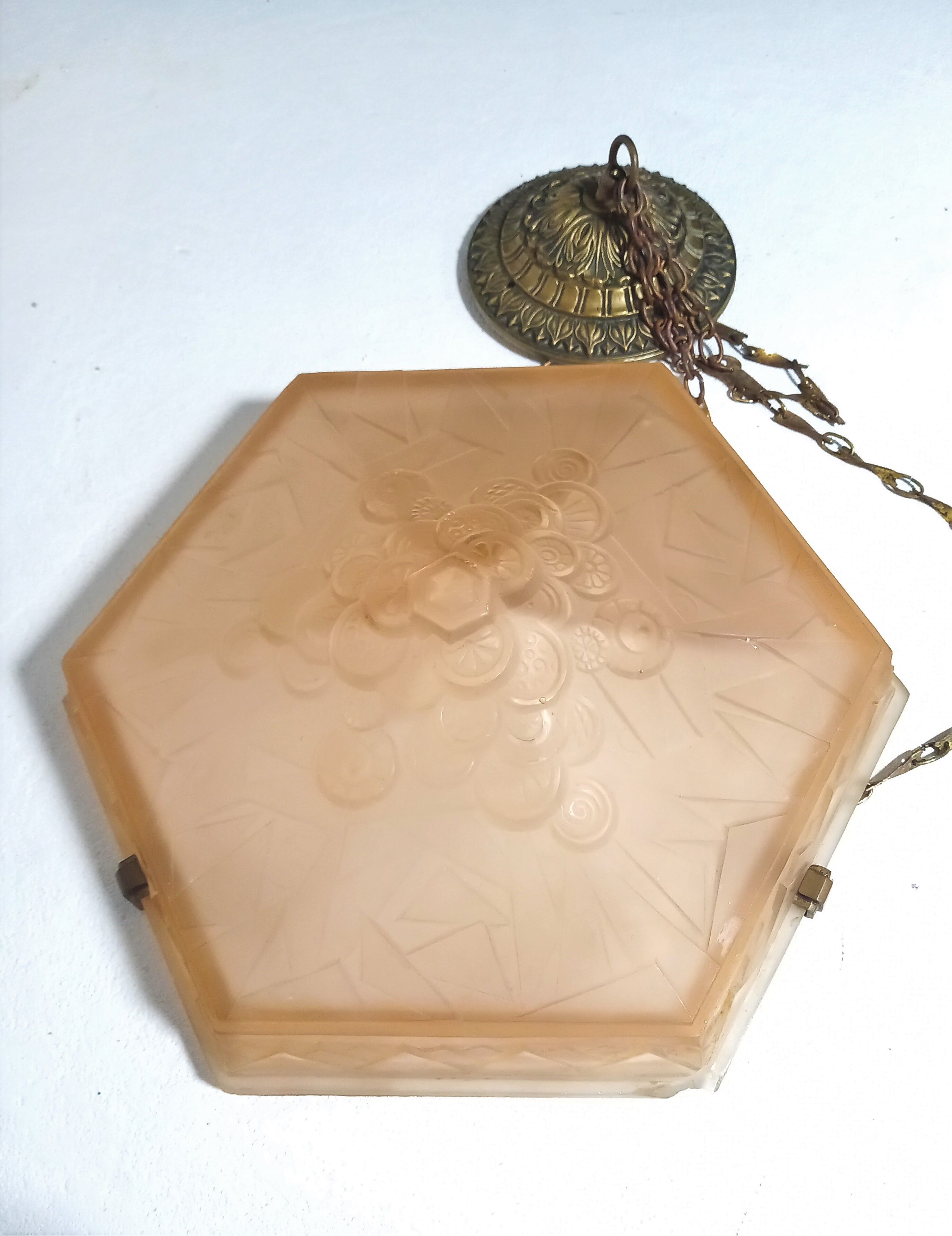 Art Deco pendant lamp in pink frosted glass signed Muller Frêres Luneville