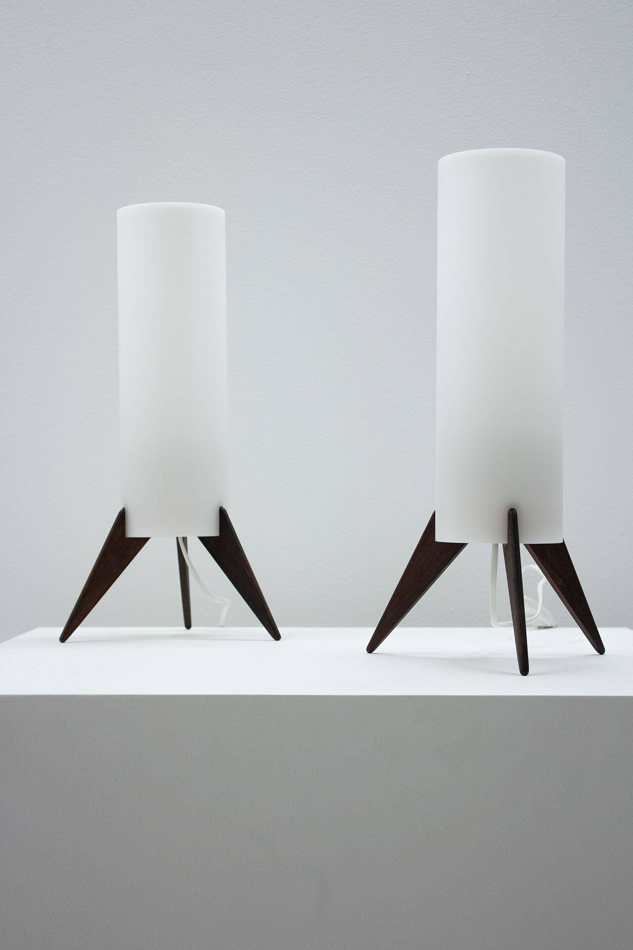 Pair of dark wood & acrylic rocket table lamps by Luxus, Sweden, 1960s