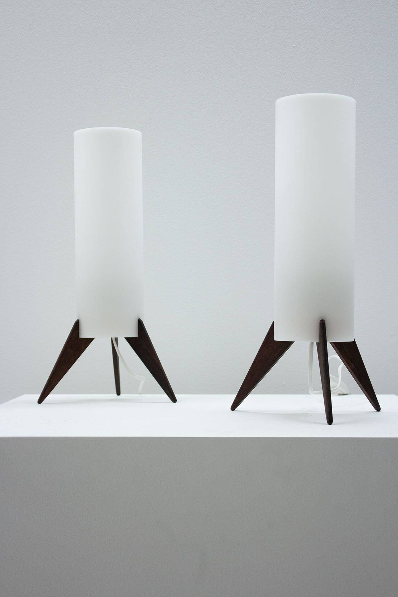 Pair of dark wood & acrylic rocket table lamps by Luxus, Sweden, 1960s