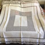 Embroidered white linen tablecloth, square