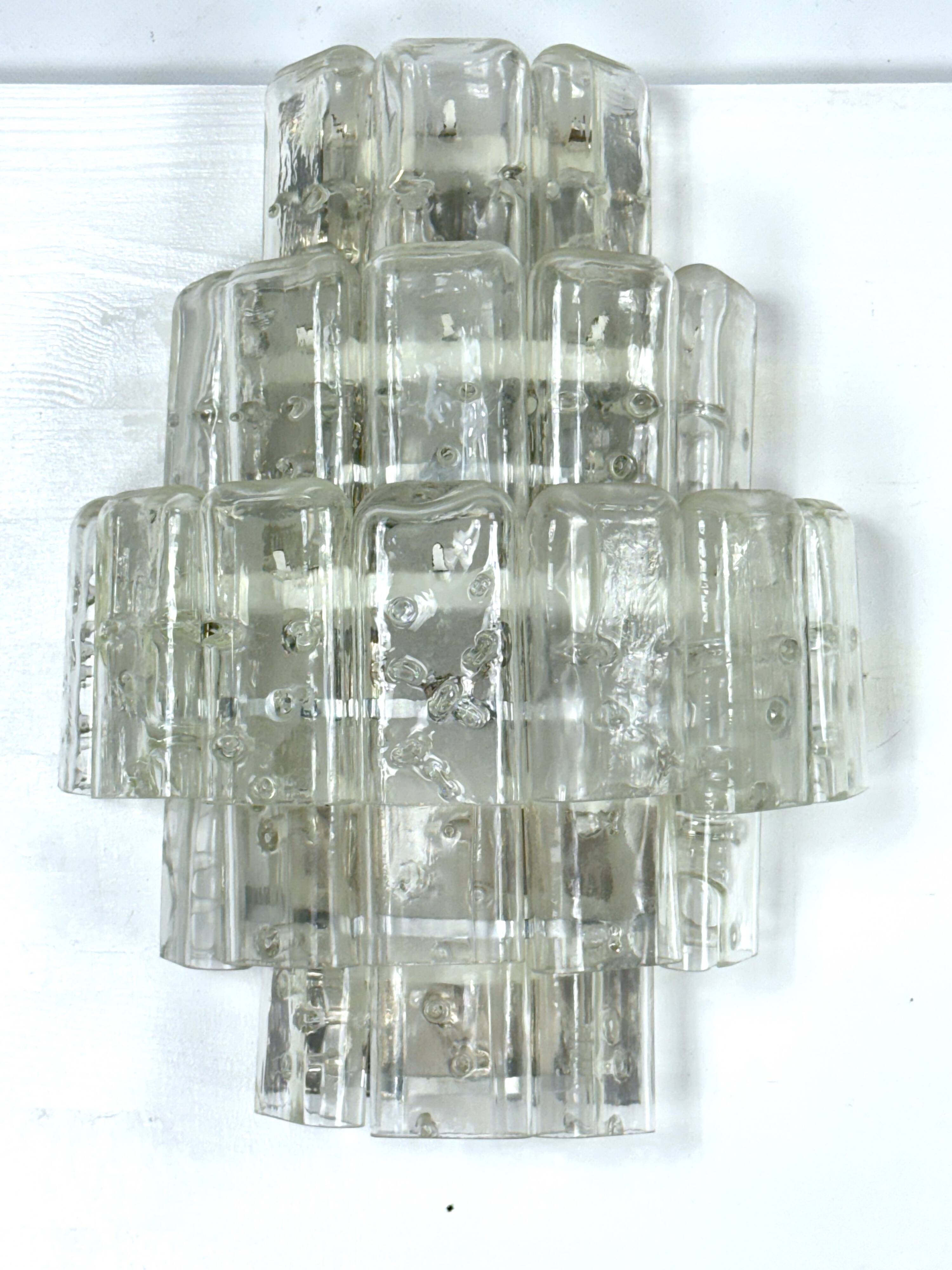 Pair of XL clear murano glass elements wall lamps produced in Italy during the 70s. Attributable to