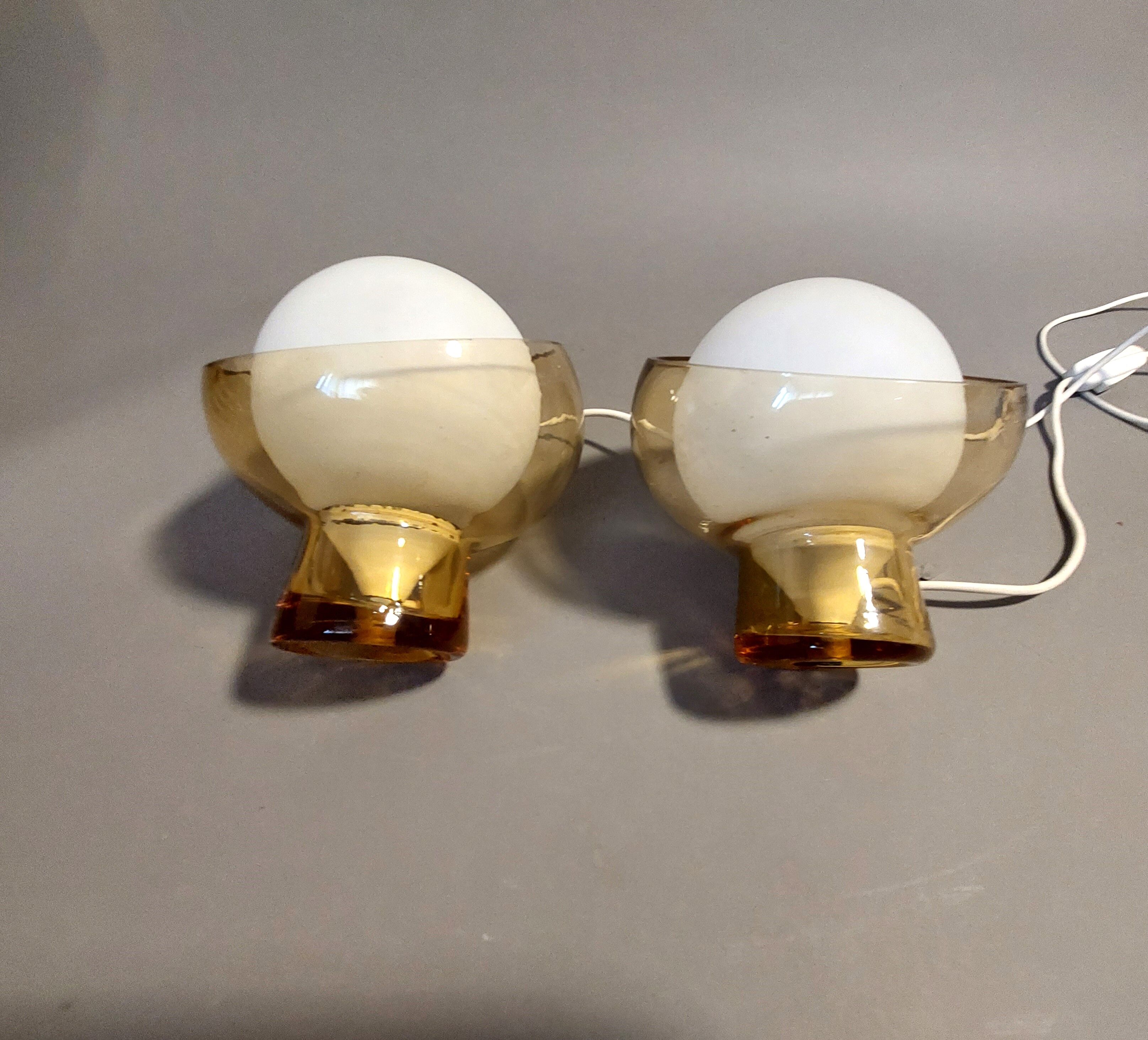 Pair of bedside lamps Italy1960/1970 in glass and white opaline.