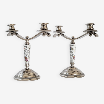 Pair of vintage candlesticks in silver metal & ceramic