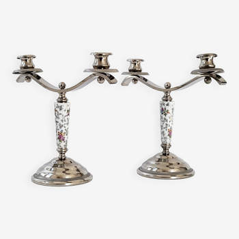 Paire de chandeliers vintage en métal argenté & céramique