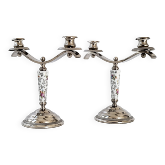 Pair of vintage candlesticks in silver metal & ceramic