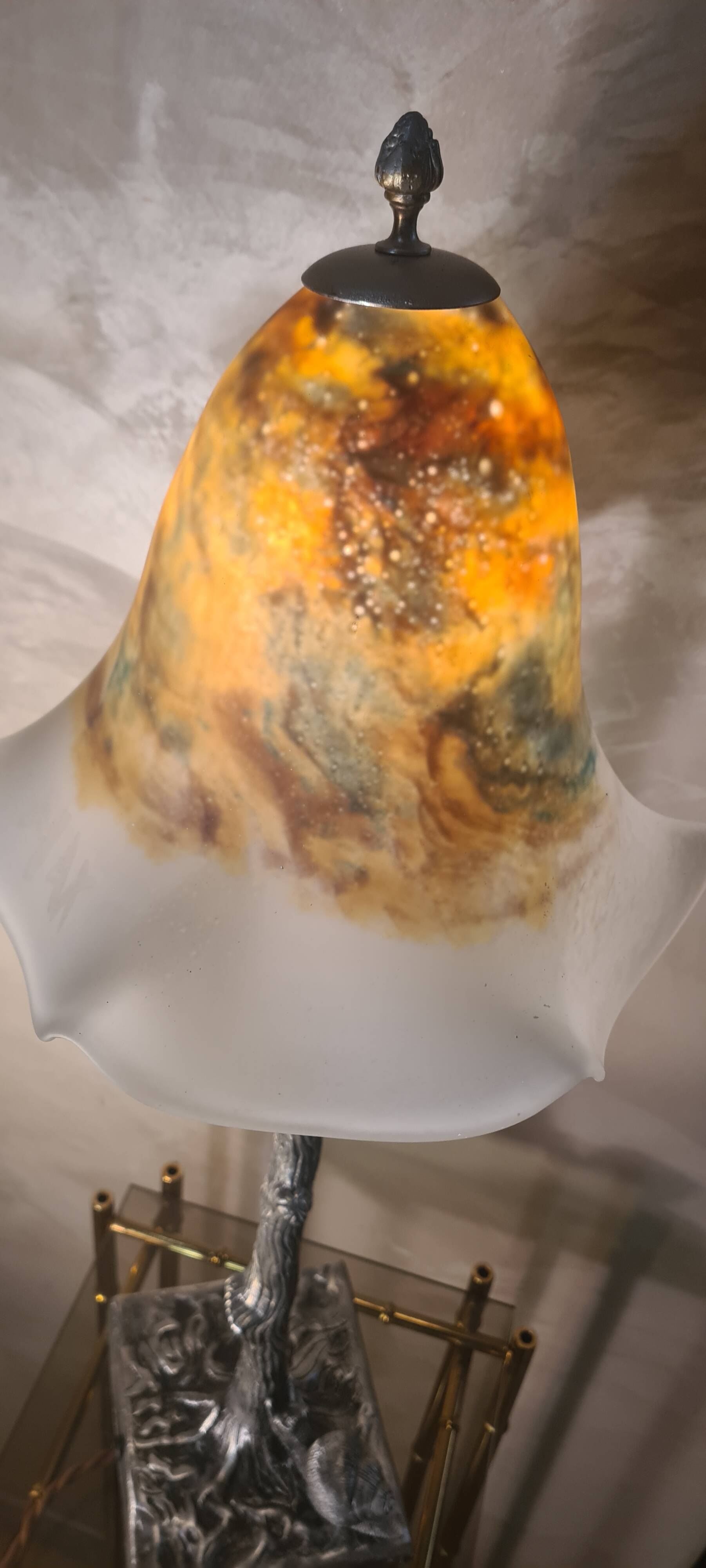 large American art deco steel patina lamp, 64x24 tulip signed max elec ok set to French standard