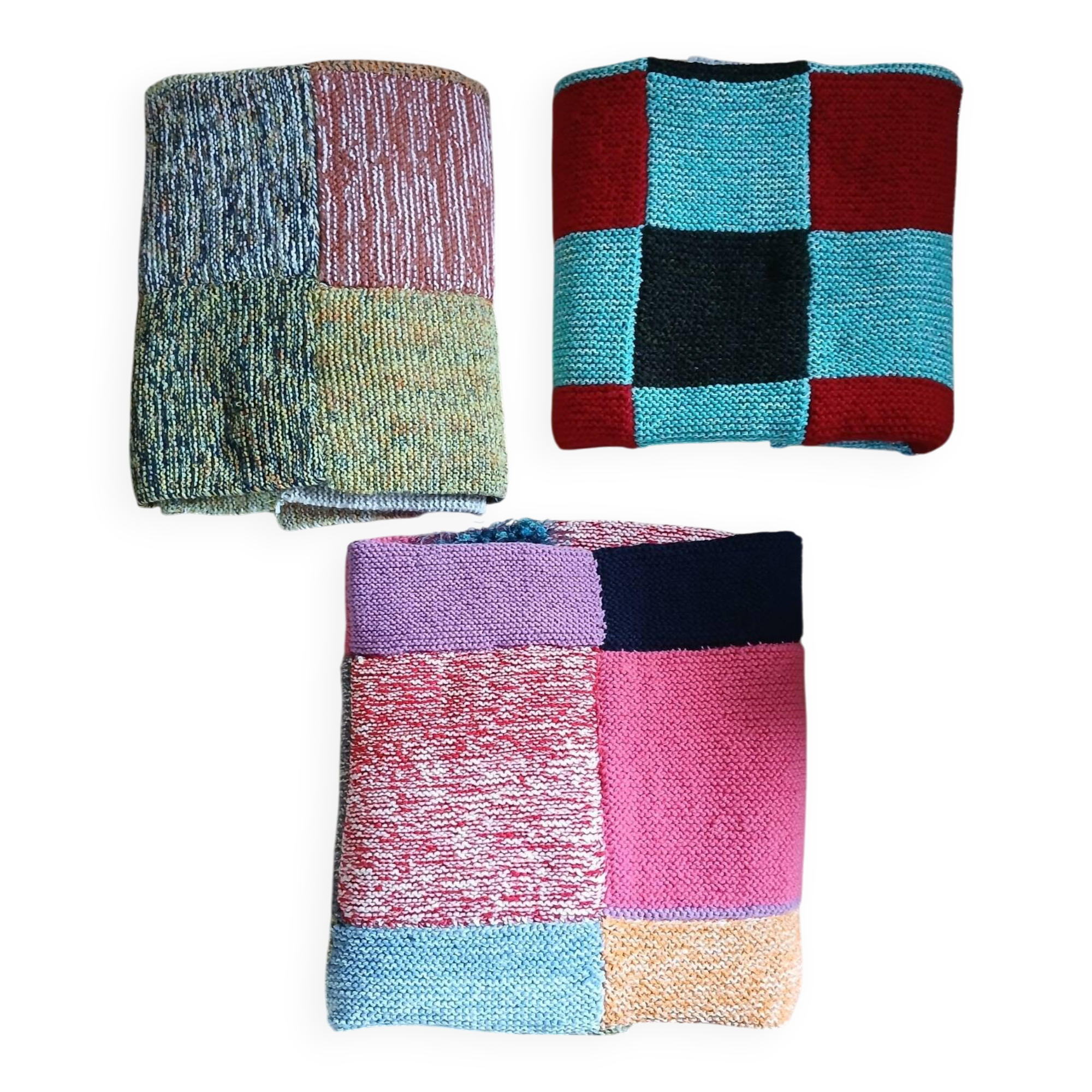 3 patchwork blankets knitted by hand