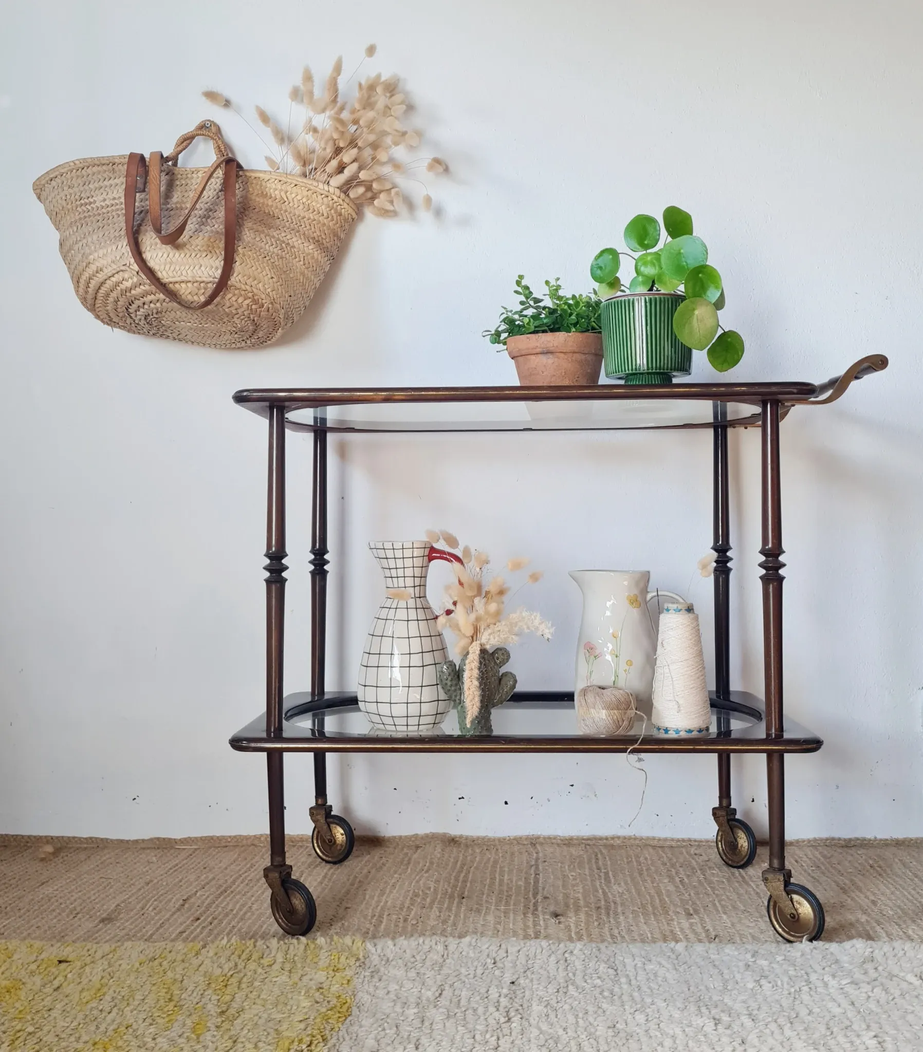 Vintage stained wood and clear glass sideboard – 1950s/60s