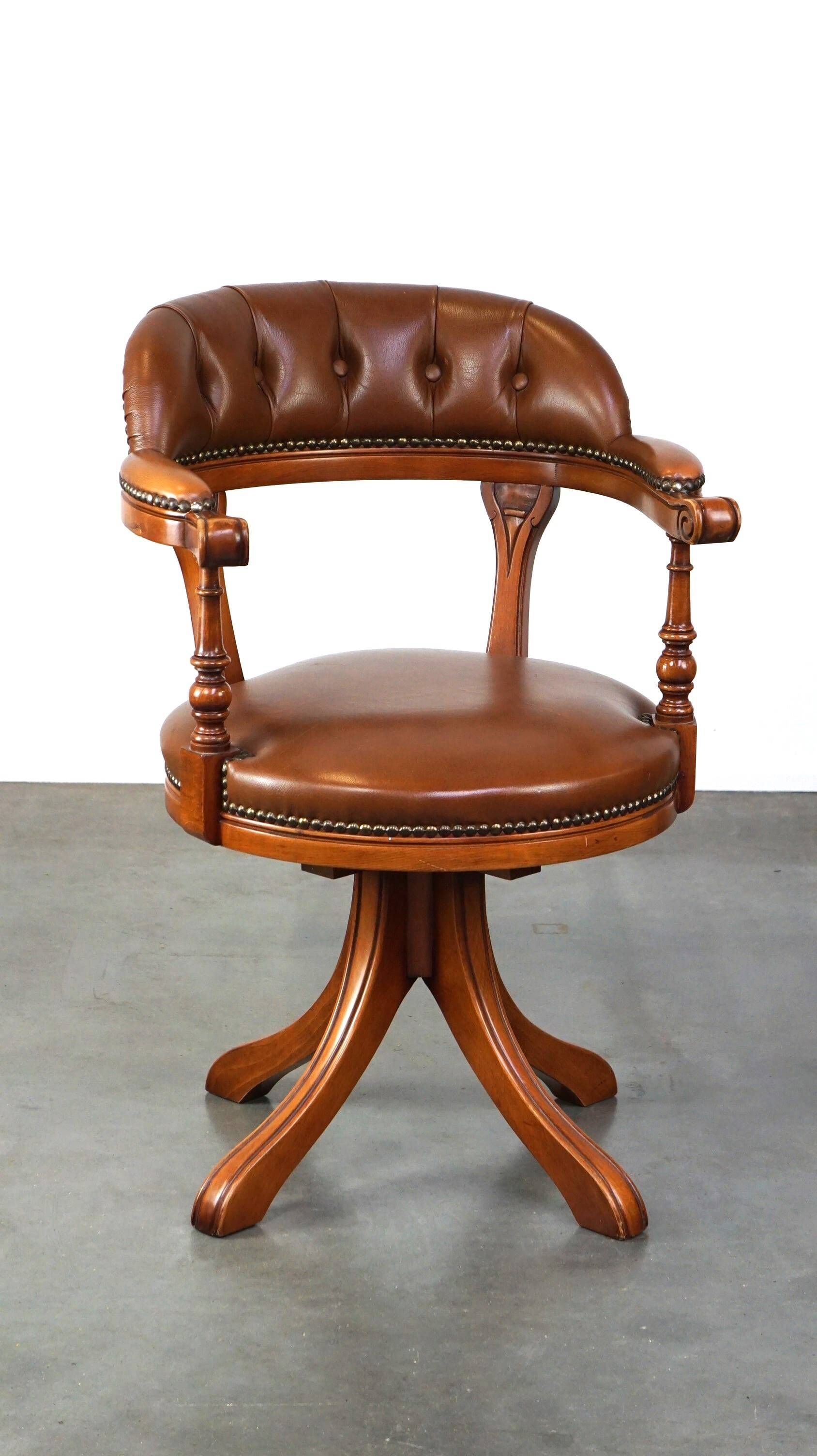 Swivel English style Chesterfield armchair/office chair in brown cowhide