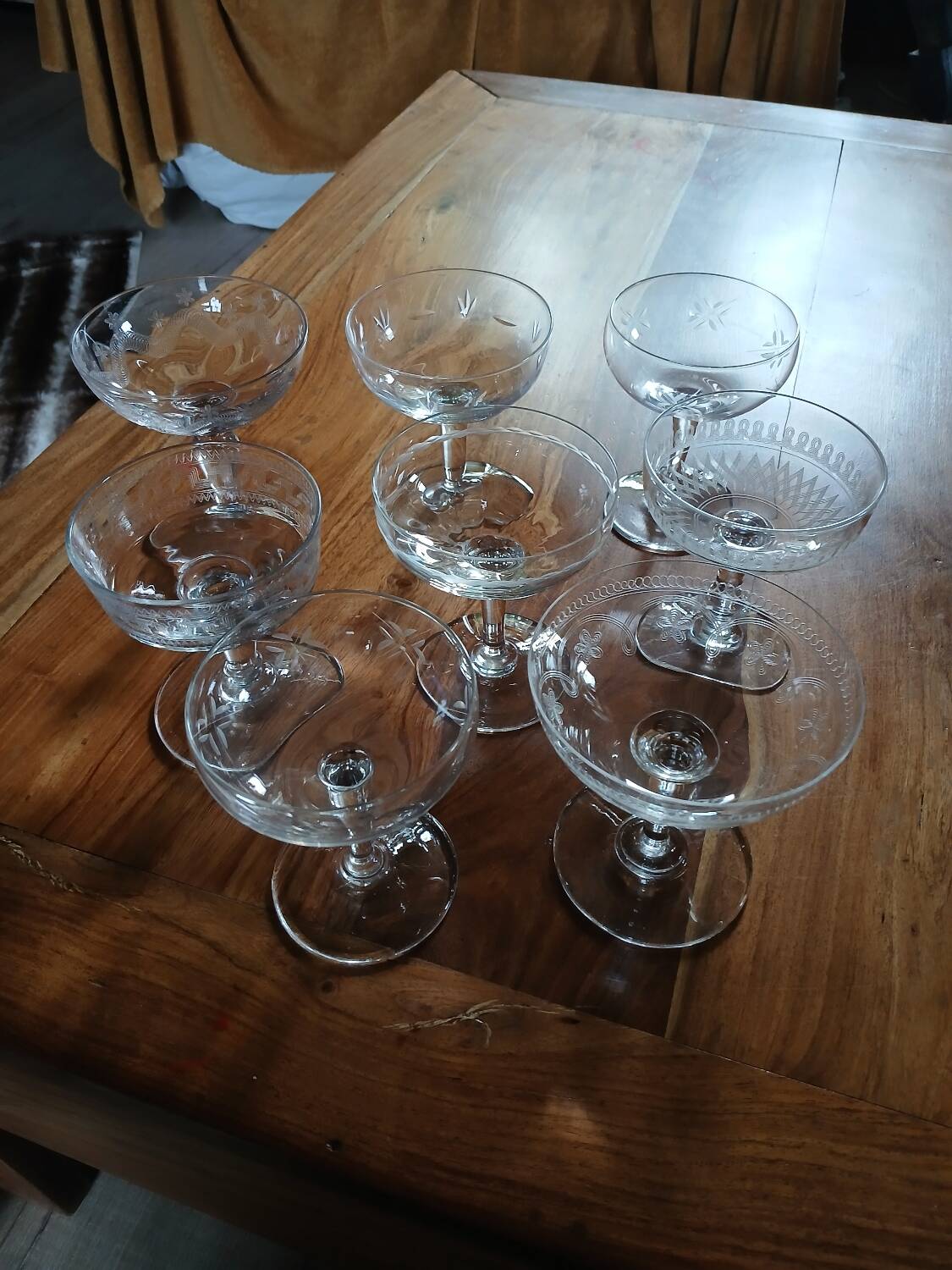 8 mismatched vintage champagne coupes