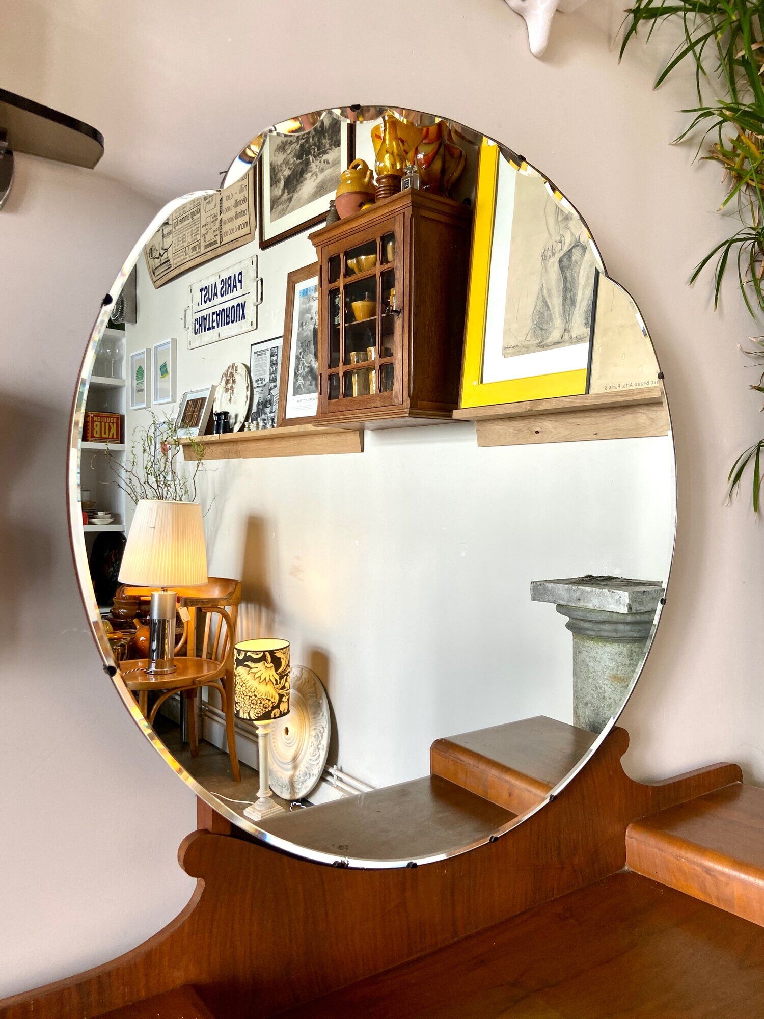 7-drawer wooden dressing table with beveled mirror 1950s
