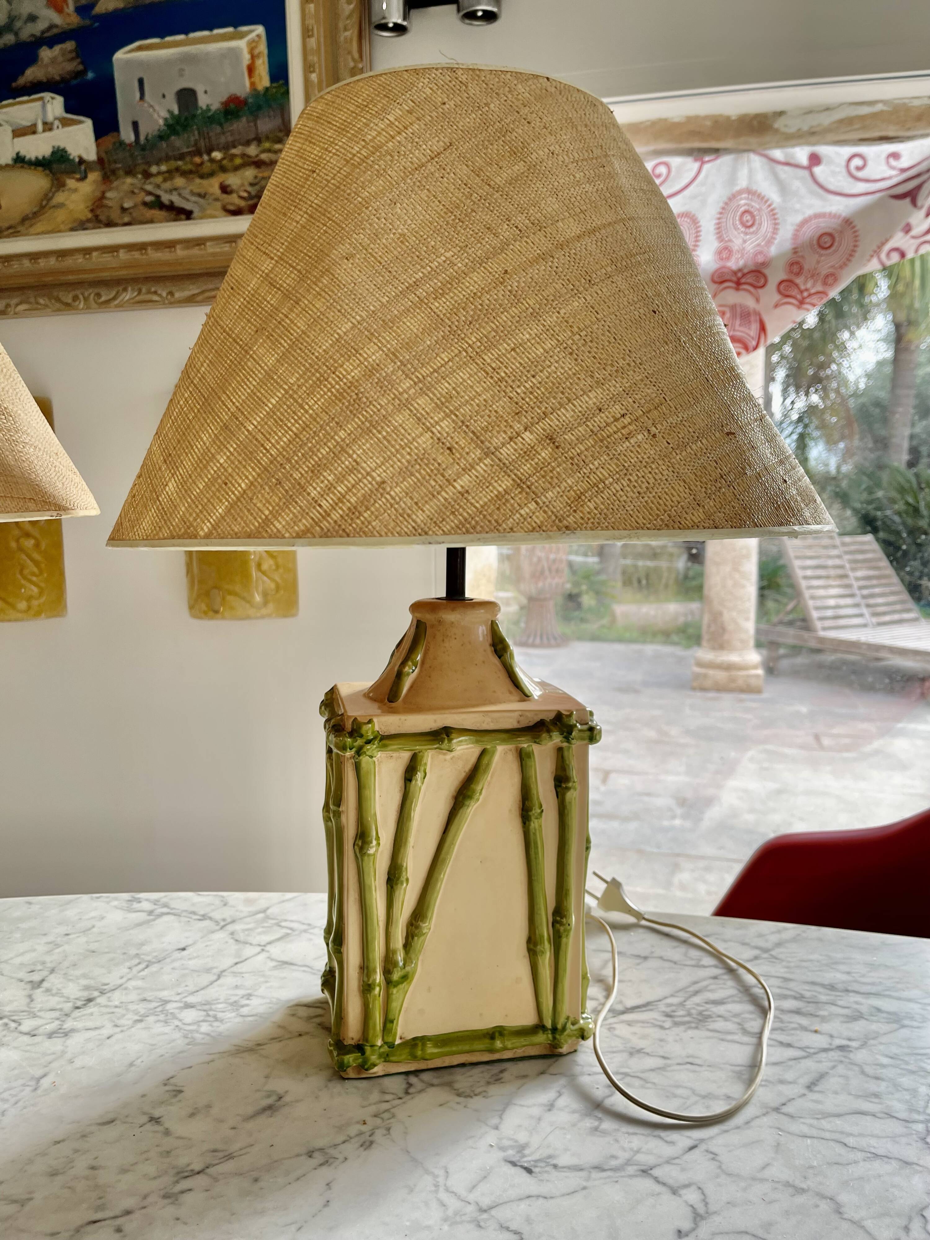 Lampe de table en céramique imitation bambou avec Abat jours, années 1970