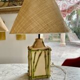 Bamboo-effect ceramic table lamp with lampshades, 1970s