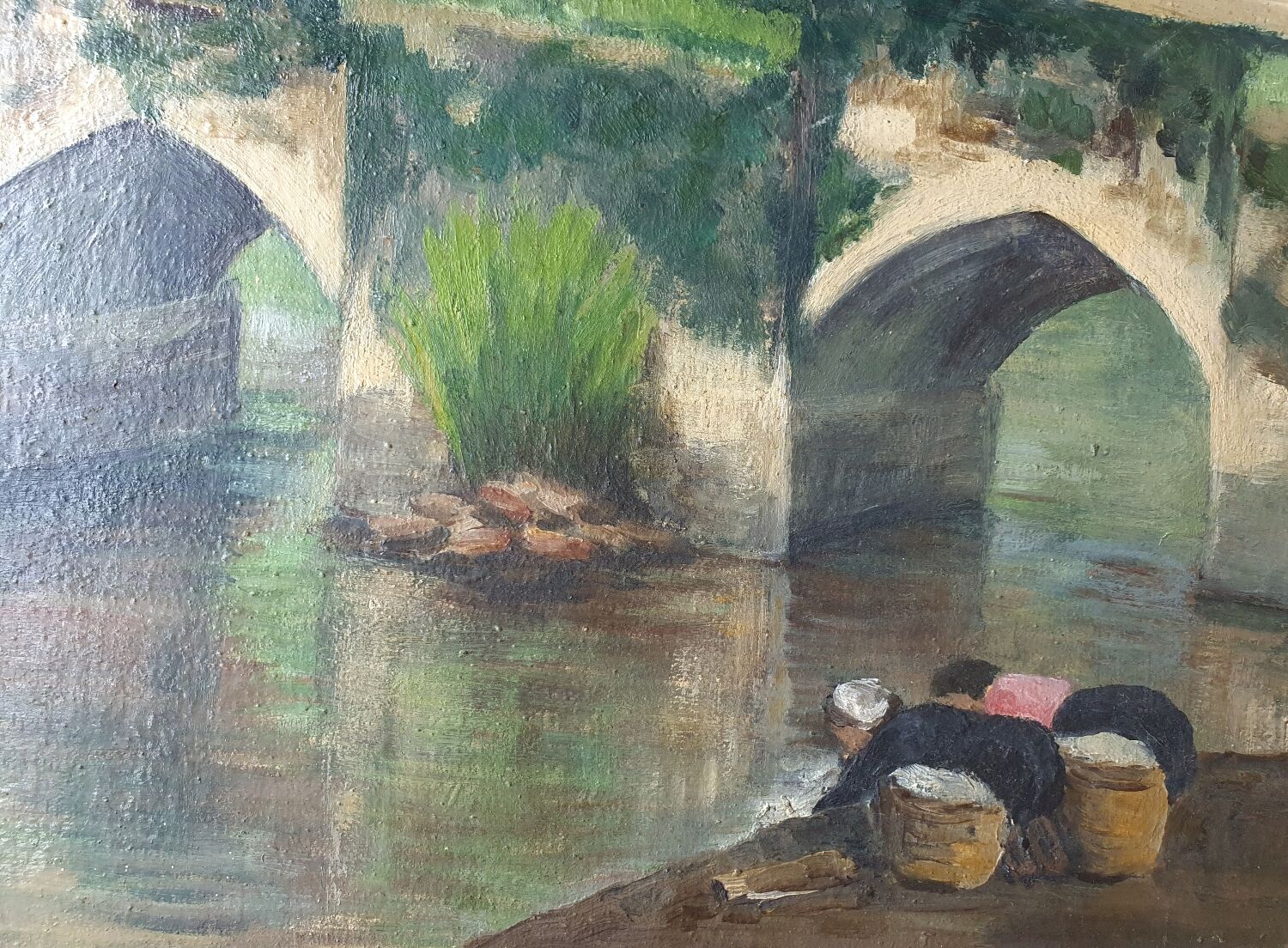 Old painting washerwomen in Brittany signed Robert Bluteau
