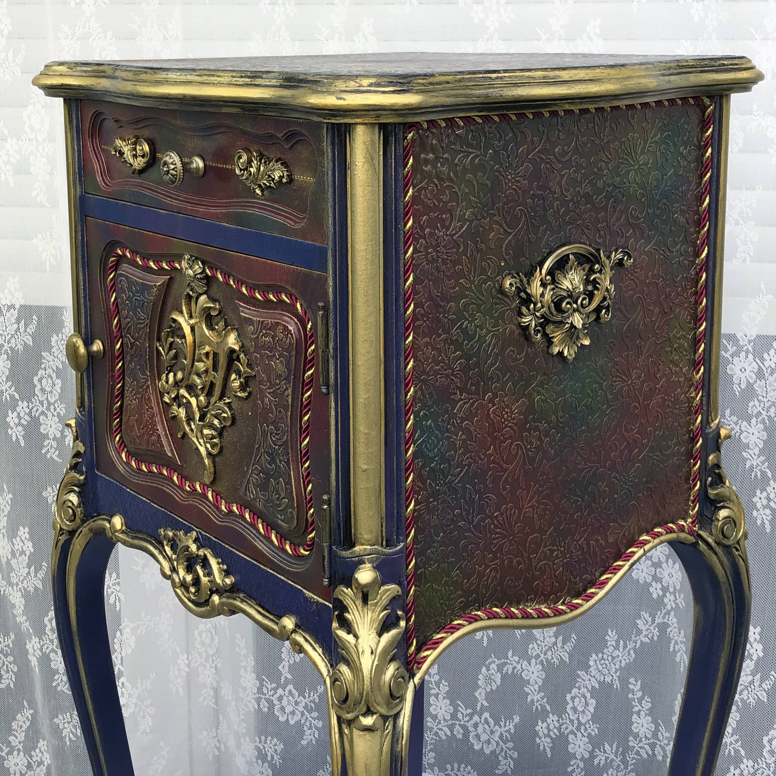 Classic revamped furniture – decorative blue and gold bedside table
