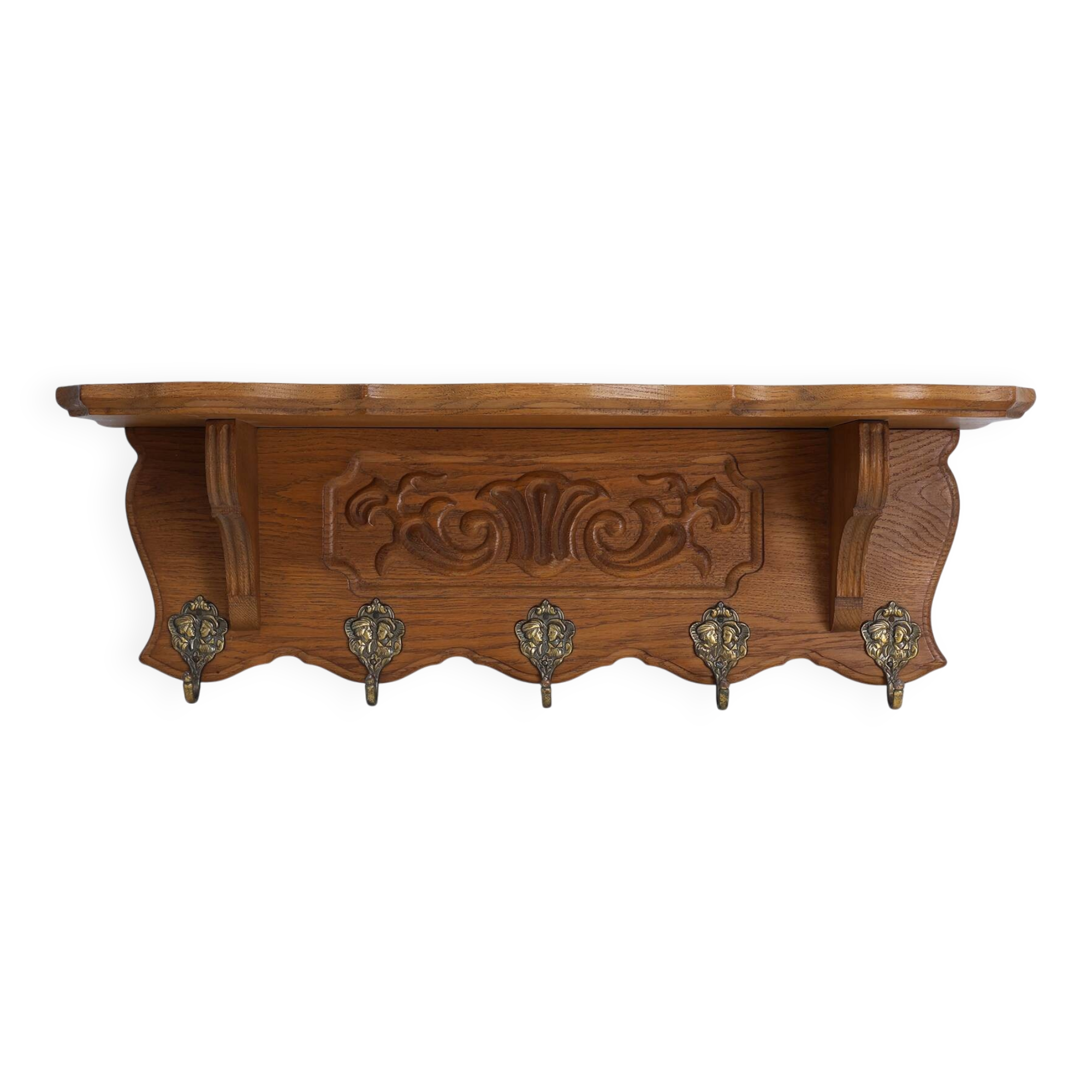 Mid-Century Belgian Oak Wall-Mounted Coat Rack in Bruegel Style