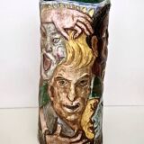Unique Vintage Hand-Painted Vase with Faces Ascribable to Tullio d'Albisola