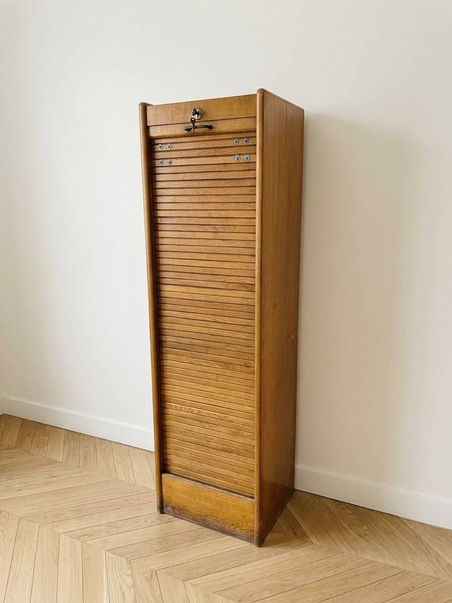 Antique oak filing cabinet with curtains