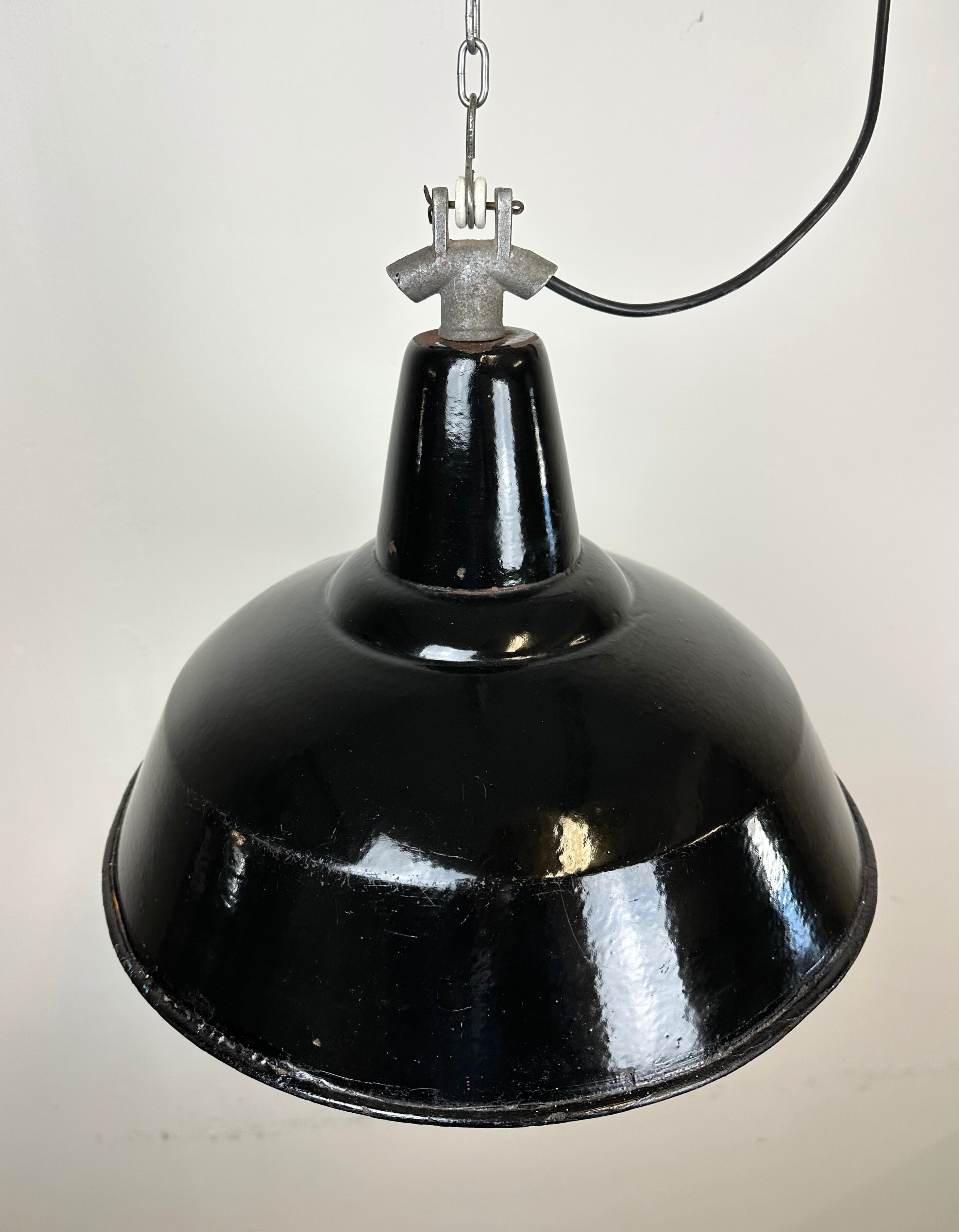 Industrial Black Enamel Factory Lamp with Cast Iron Top, 1960s