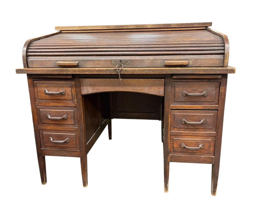 Bureau américain vintage en bois avec volet roulant