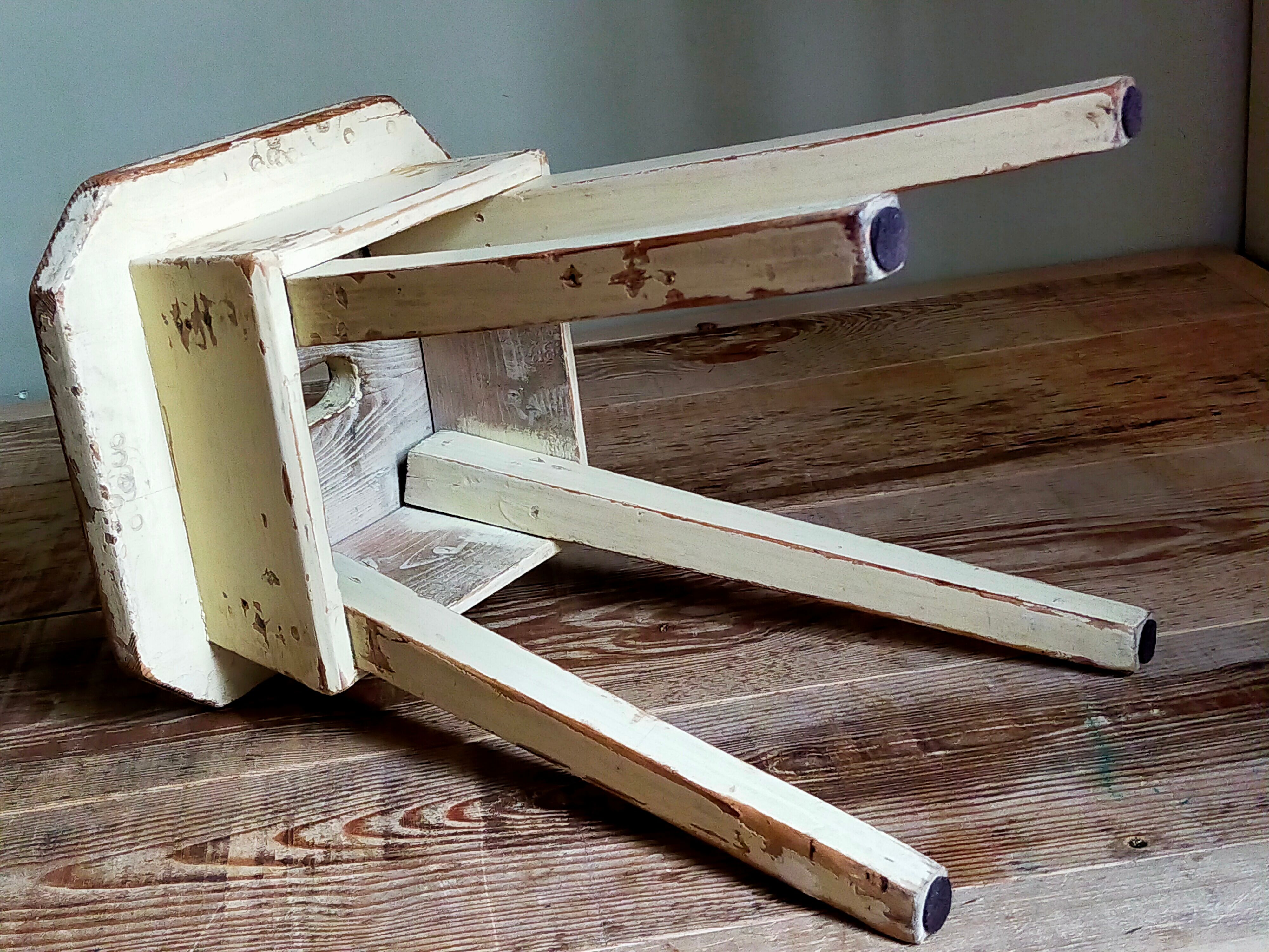 Workshop stool in antique patinated solid wood