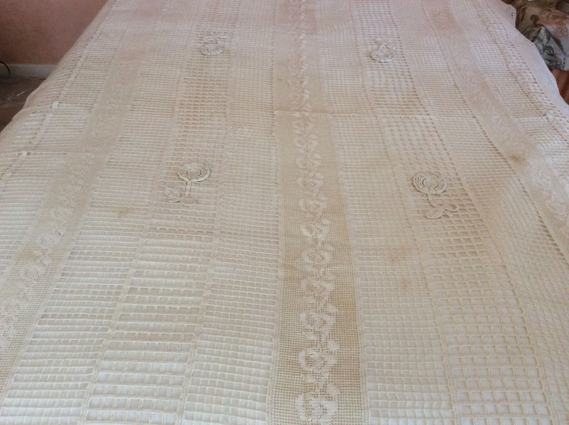 Old crochet bed top and embroidery.