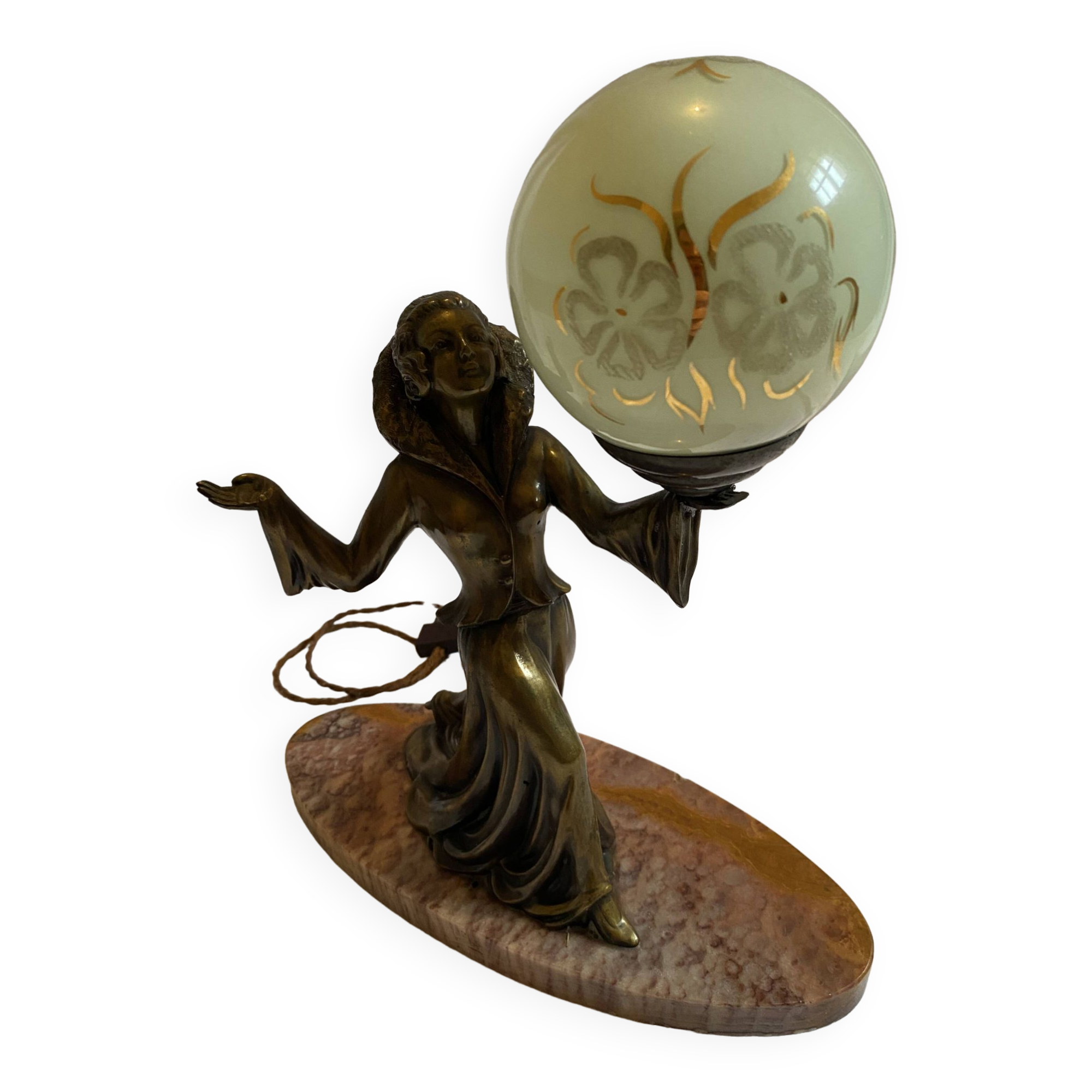 Art deco lamp in marble and bronze, woman holding a globe