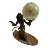 Art deco lamp in marble and bronze, woman holding a globe