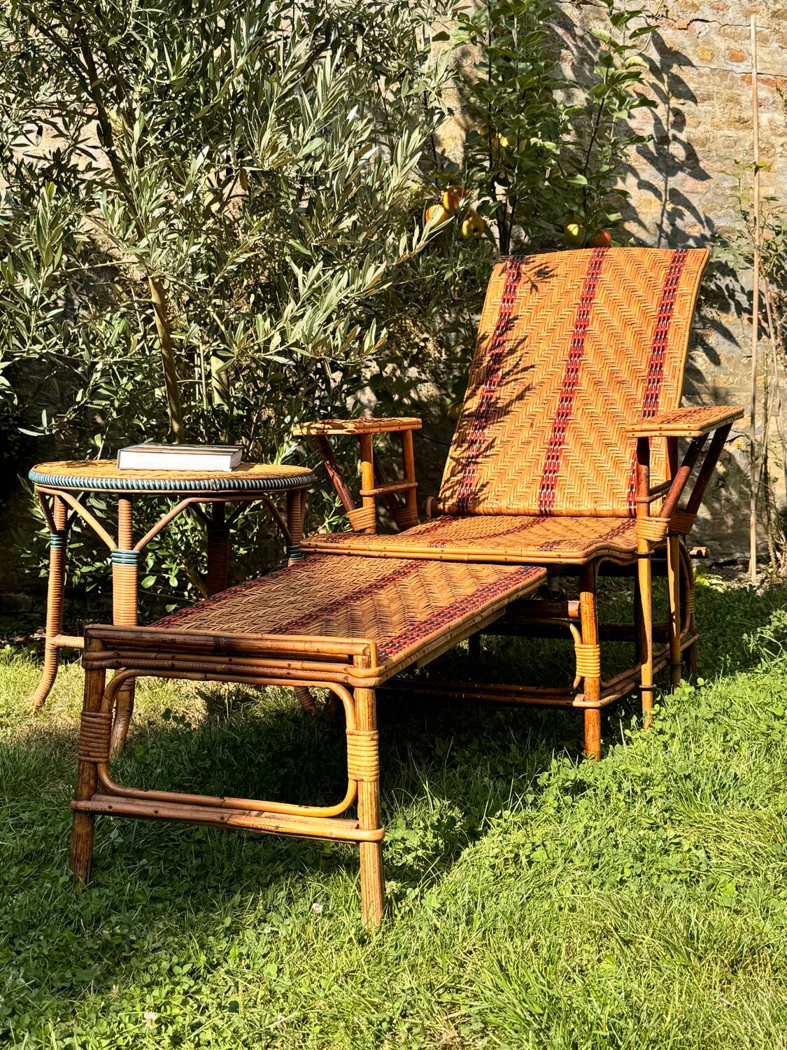 Antique rattan and wicker chaise longue, circa 1930