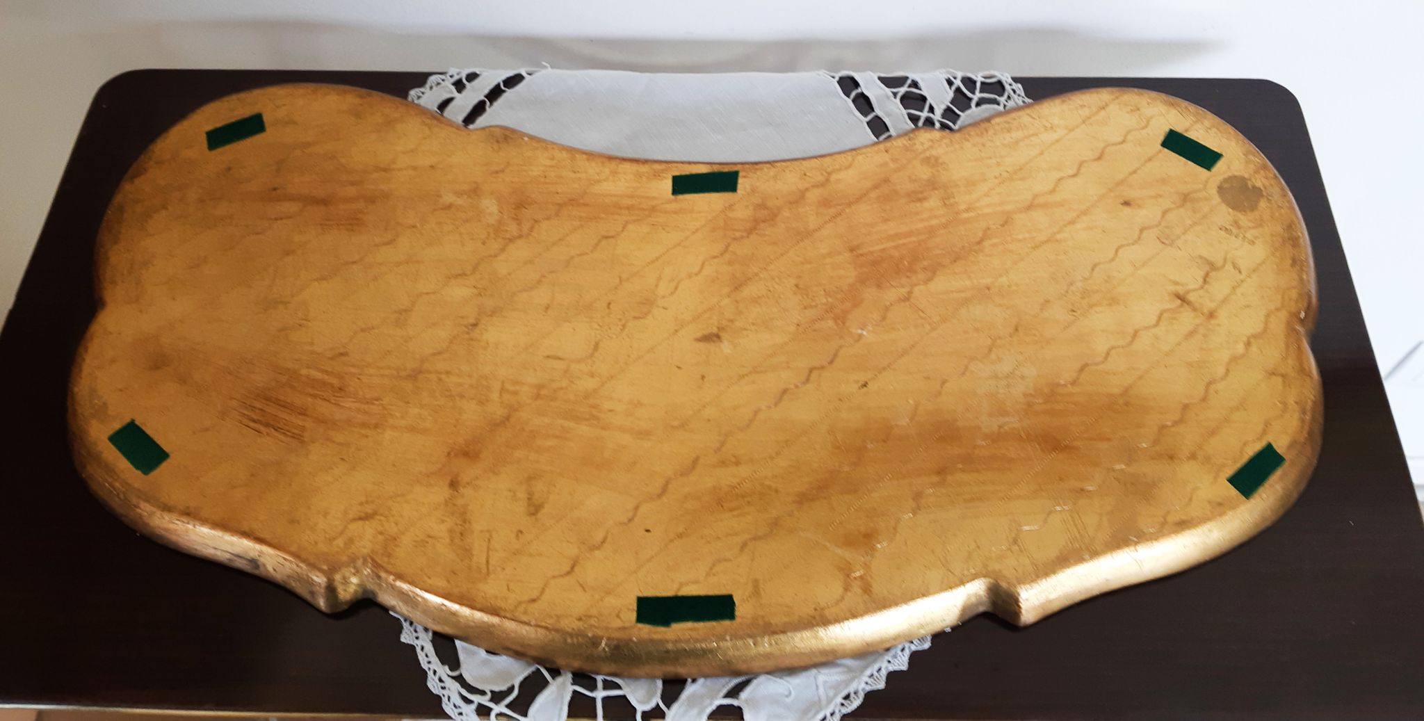 Venetian wooden tray, green and gold, vintage, 50s, bean shape
