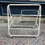 70s rolling trolley in glass and cream metal