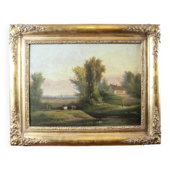 Village, 19th Century, Oil on Canvas, Framed