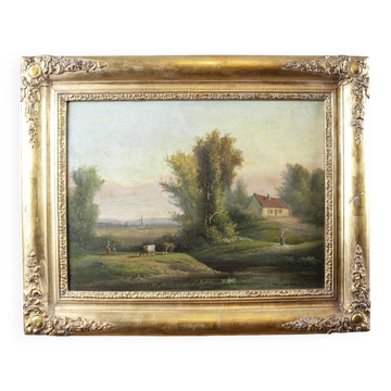 Village, 19ème siècle, huile sur toile, encadré