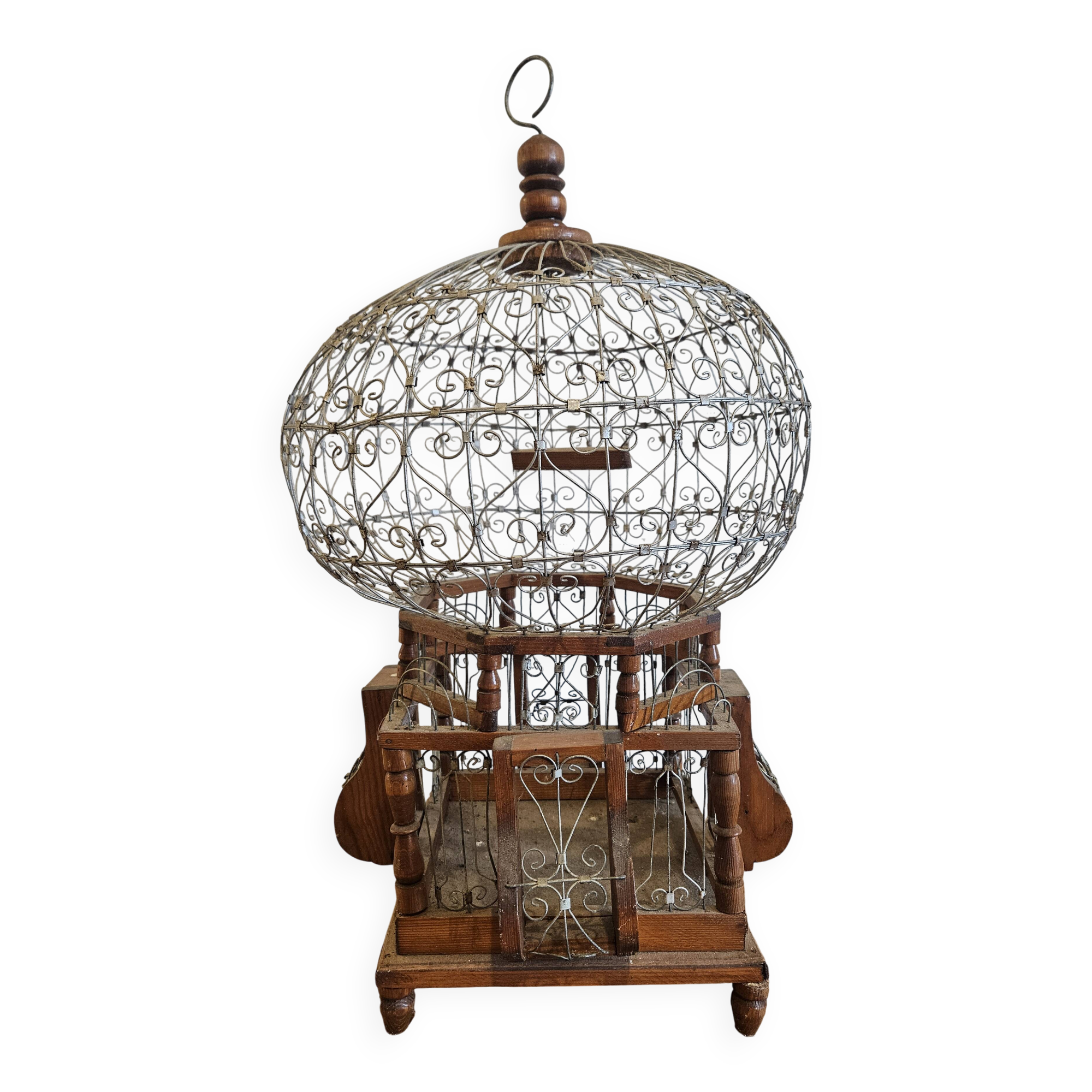 Cage à oiseaux vintage en bois et métal (années 30)