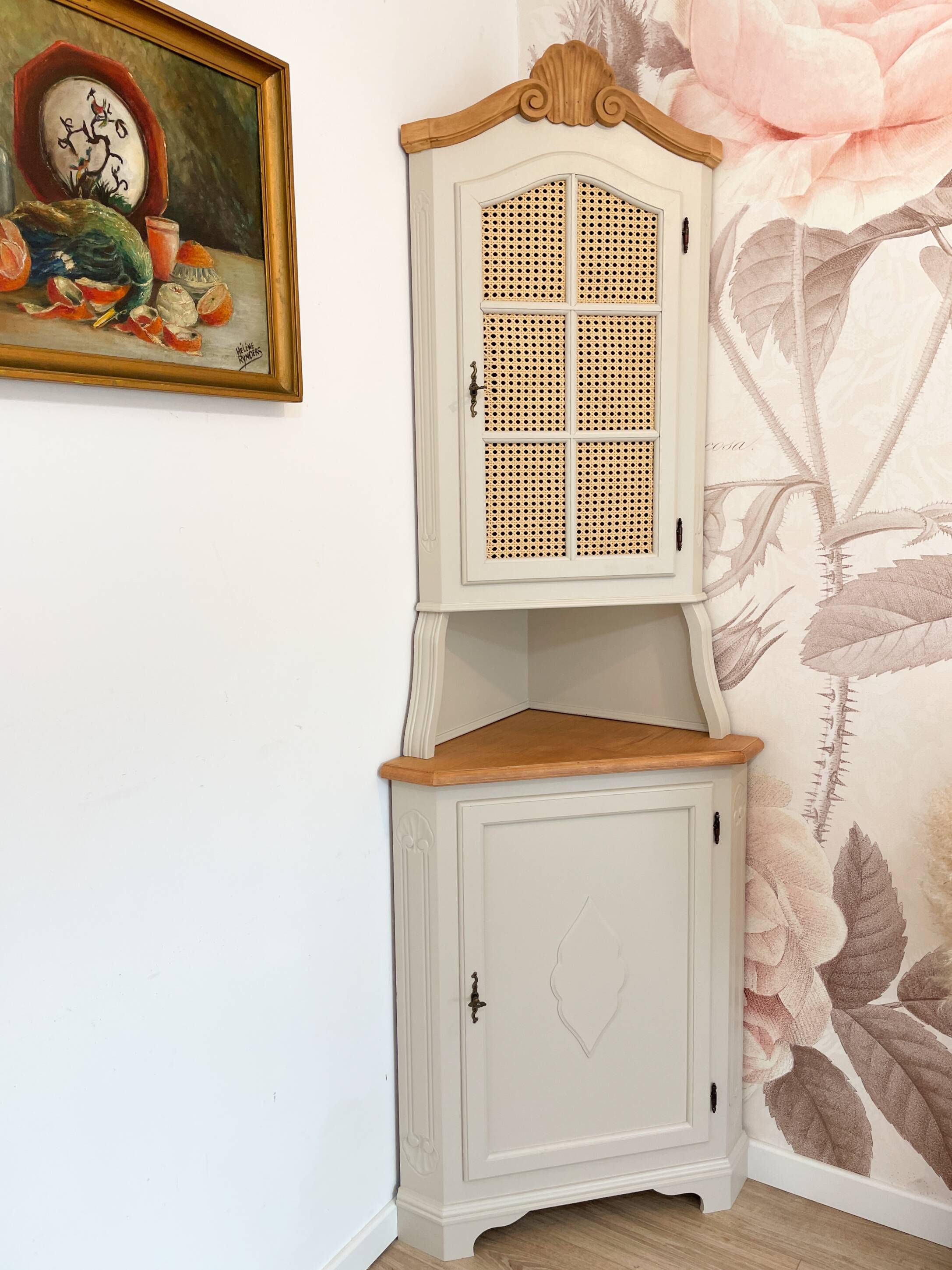 Corner unit in 2 parts, grey/beige and cane work.