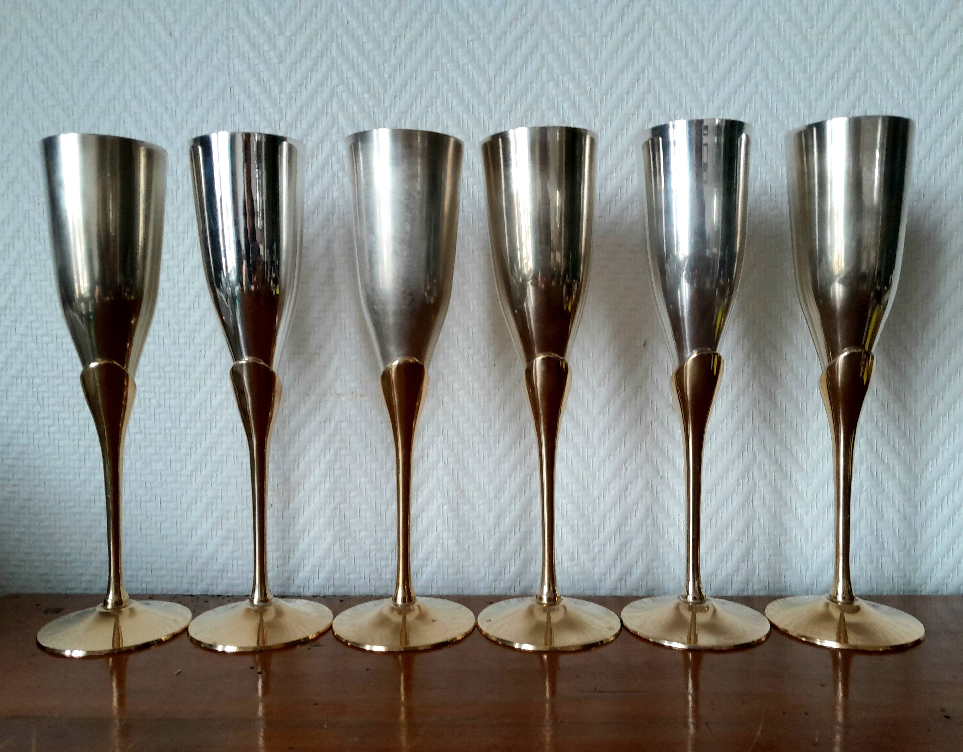 6 champagne flutes in brass and silver plated metal 1970