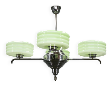 Lustre en verre opalin vert Art Déco, Tchécoslovaquie années 1930