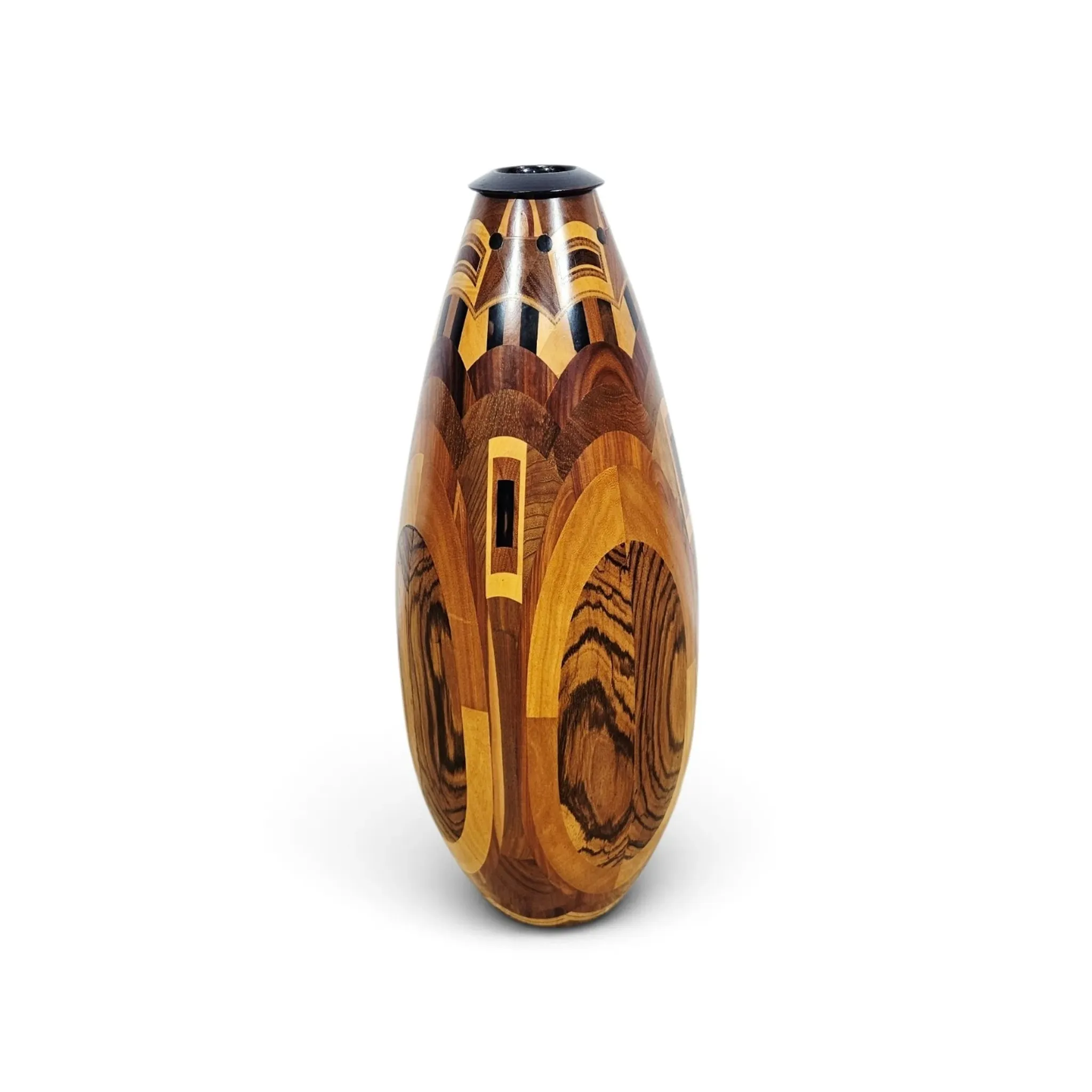 Monumental wooden floor vase / intarsia / wood mosaic / Africa / 1950s–1960
