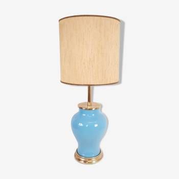 Lamp in blue ceramic and vintage brass, three light points com interrupt system