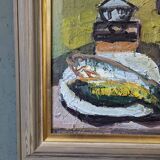 1959 Peinture à l’huile vintage suédoise moderne  « Nature morte avec lampe », encadrée