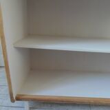 Vintage bookshelf in oak veneer, pearl grey interior, metal legs.