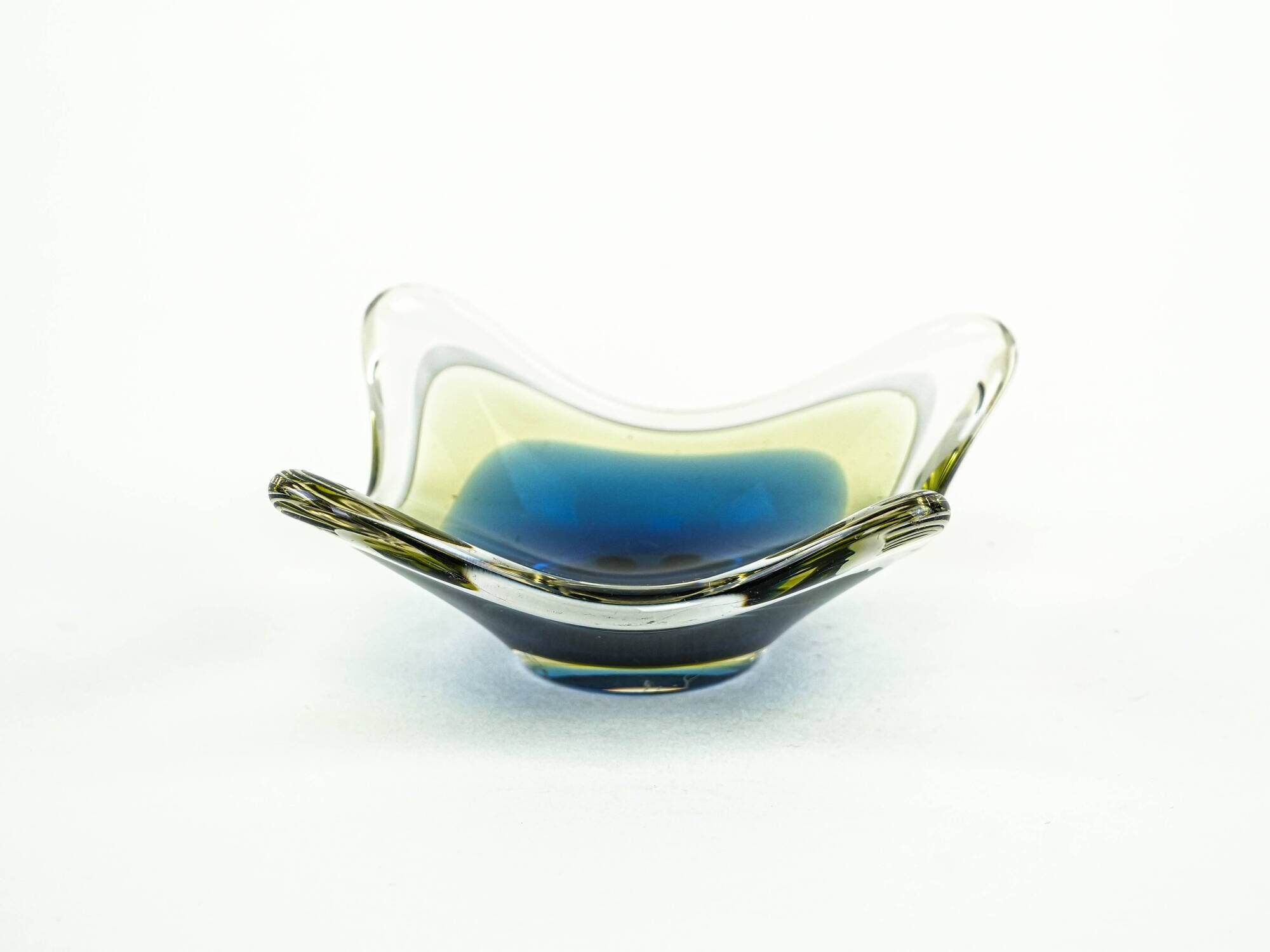 Art glass platter with organic form in blue and yellow, Europe, 1970s