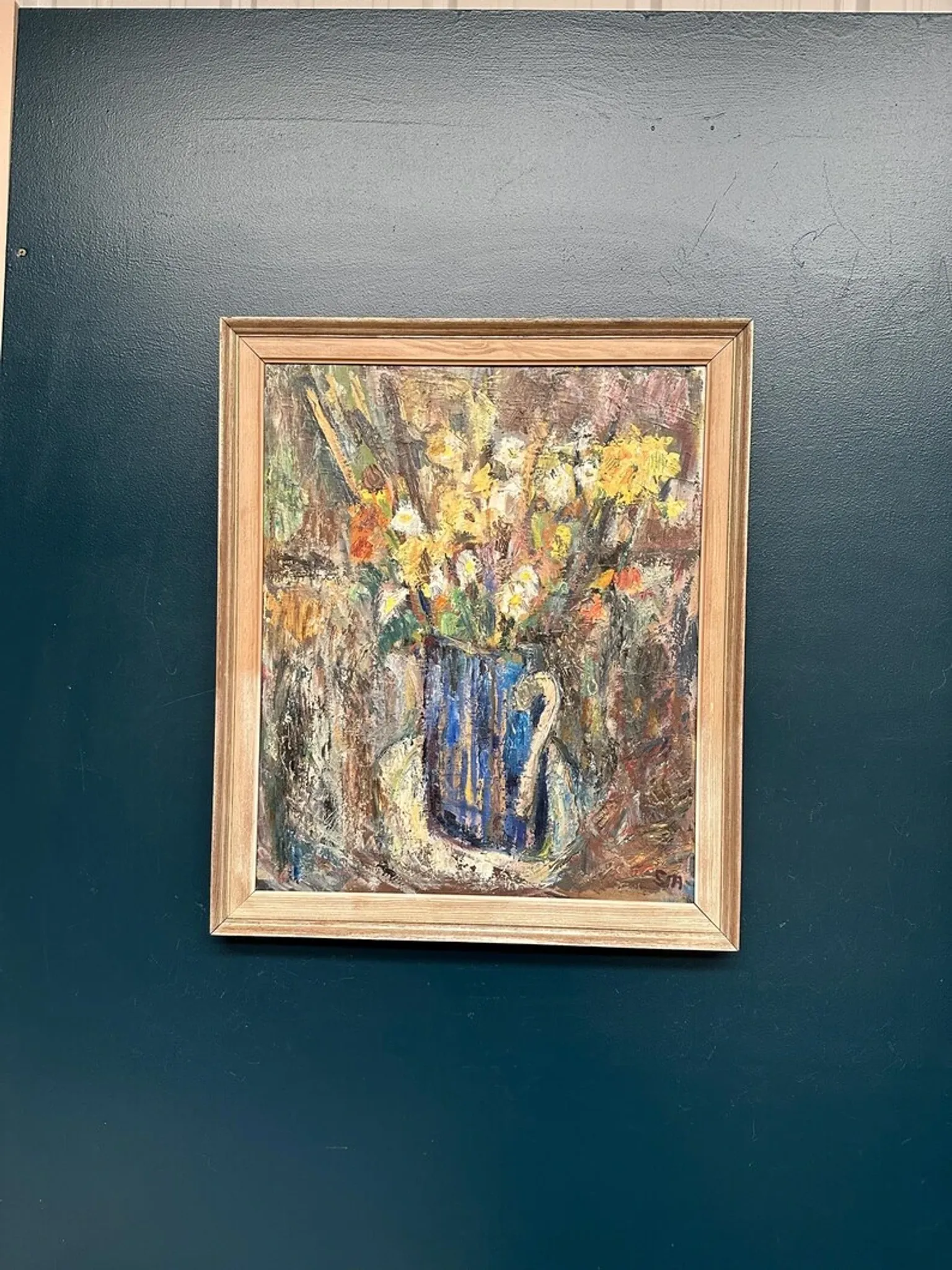 Original Swedish Oil on Panel – “Flowers in Blue Vase” by Sven Age – Signed – Vintage & Framed – 73 × 63 cm (28.7" × 24.8")