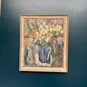 Original Swedish Oil on Panel – “Flowers in Blue Vase” by Sven Age – Signed – Vintage & Framed – 73 × 63 cm (28.7" × 24.8")