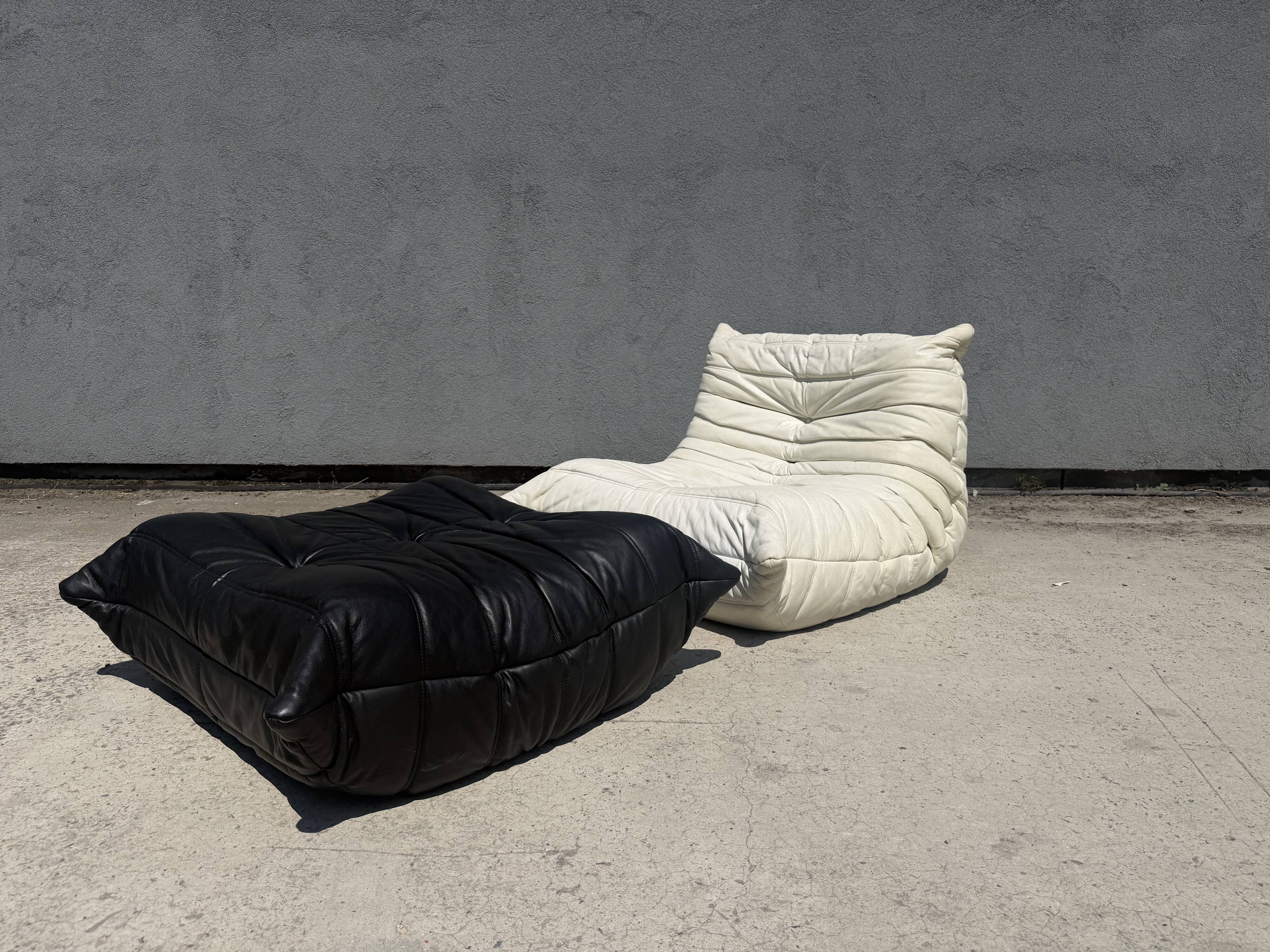 100% authentic Ligne Roset Togo 1-seater + pouf original leather Black & White